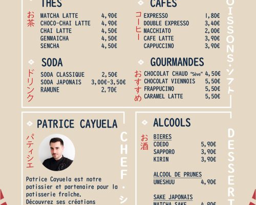 menu des boissons